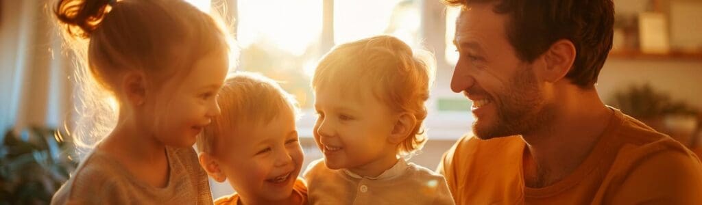 Familia feliz. Padre con 3 hijos